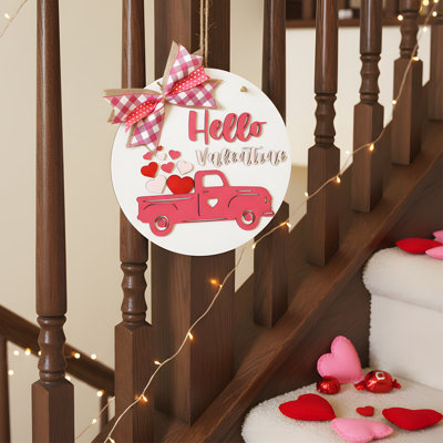 1 pc Valentines Day Door Sign for Front Porch Farmhouse Decor Welcome Red Truck with Hearts Hanging Round Wood Signs.