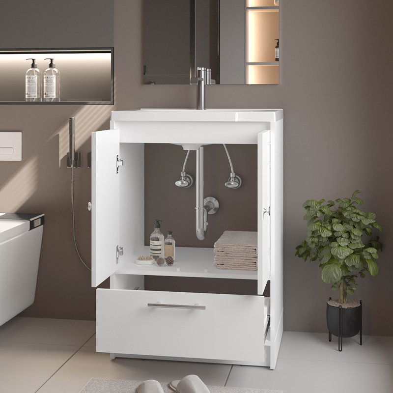 White Bathroom Vanity With 2-Door Design And Sink, 17.8 Inches Deep, Fits Different Styles