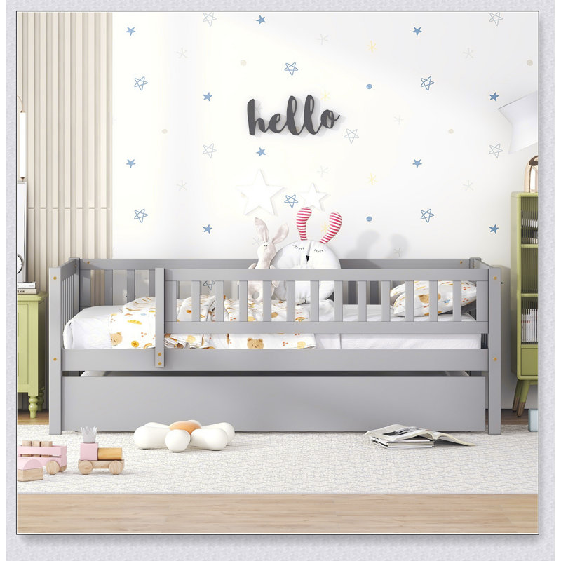 Lit de jour en bois avec couchette et barrière de sécurité, Gris, Lit simple
