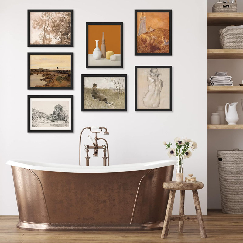 " Vintage Classic Retro Fine Art Landscape Abstract Geometric " 7 - Pieces, Black Framed, 11" W x 14" H