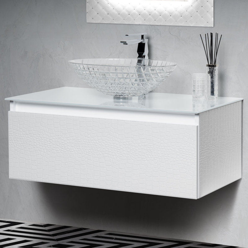 Single Bathroom Vanity with Top, White Crocodile, 35", White Tempered Glass