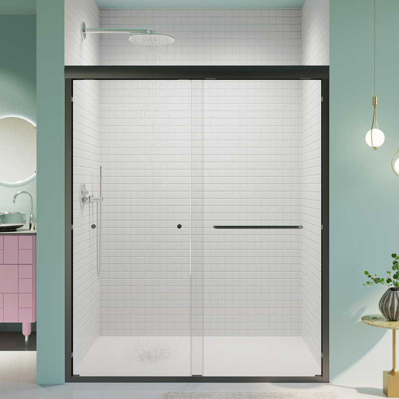 56"-60"W*72" H  Semi-Frameless Double Sliding Shower Door, Bypass Shower Door, 1/4" (6Mm) Thick SGCC Tempered Glass Door,  Matte Black