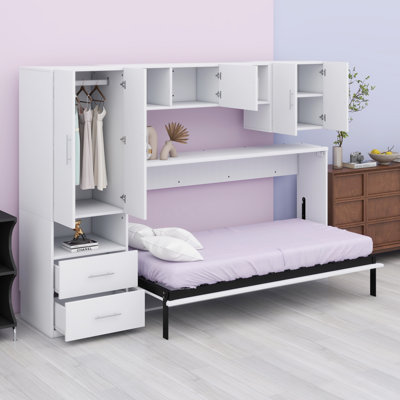 Murphy Bed With Open Shelves And Storage Drawers,Built-In Wardrobe And Table