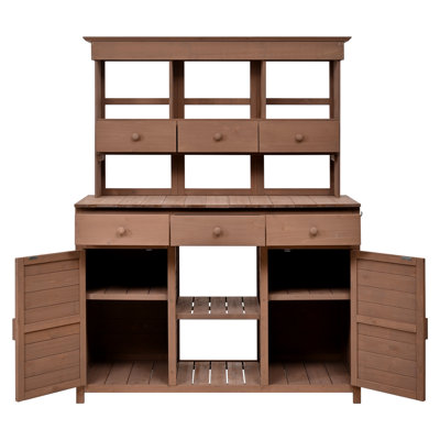Table de jardin de 65 po de hauteur avec huche, poste de travail de rangement pour patio avec 3 tablettes, 6 tiroirs, 2 armoires de fond et crochets latéraux pour vestibule, porte, brun