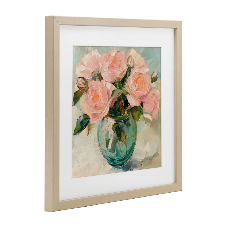 Roses roses dans un vase vert, reproduction sous verre, conception de Gina Kelly, Cadre de récolte en pin, H 16 po x l 16 po