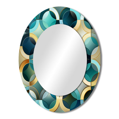 Teal And Golden Modern Geometric Tiles - Gold Oval Wall Mirror Decor