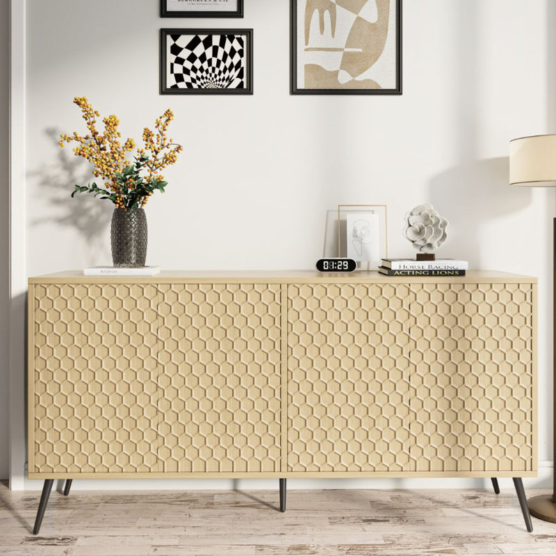 63" Modern Sideboard with 5 Stable Legs and 4 Adjustable shelves ,Buffet Cabinet for Entryway Dining Room or Living Room, Oak