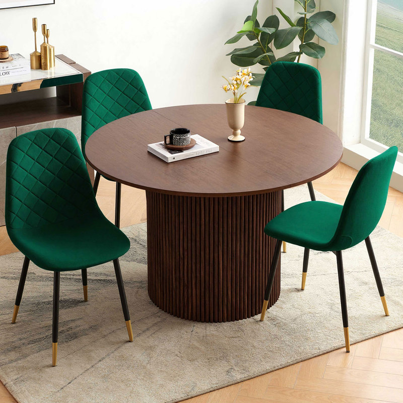 5-Piece Dining Table Set,  Wooden Kitchen Table With Upholstered Velvet Chairs, Walnut Brown, Green