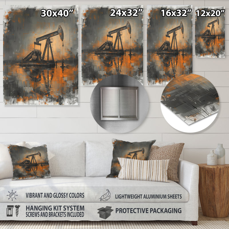 «Grey Orange Winter Oil Fields Powing Iron» - Reproduction d'art mural, H 16 po x l 32 po x P 1 po, Métal métal