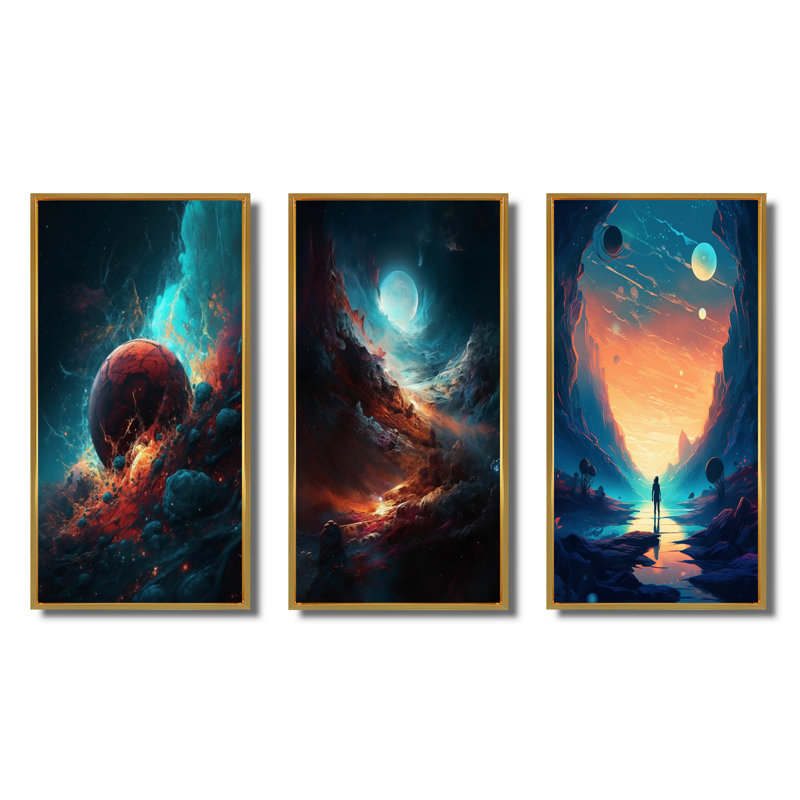 «Imagine Space», 3 pièces sur toile, Cadre flottant doré, H 20 po x l 36 po