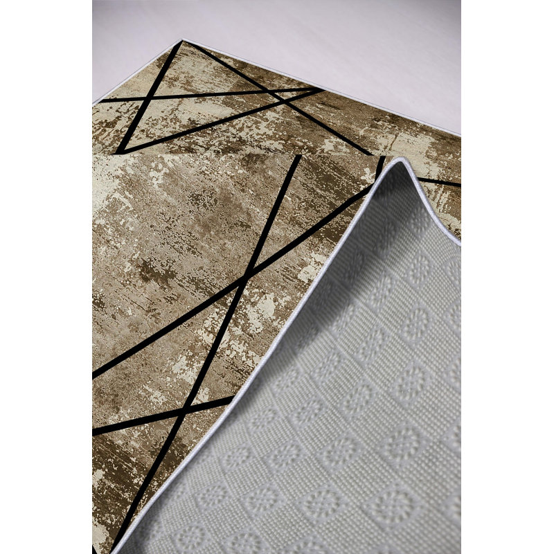 Stylish Area Carpet (2.6 x 4.0 ft), Beige, Black, Bronze & Mink | 100% Polyester, 650 g/m², 0.2 in Pile Height | Digital Printing, Antibacterial, Eco-Friendly | Non-Slip PVC Dot Underside, Machine Washable