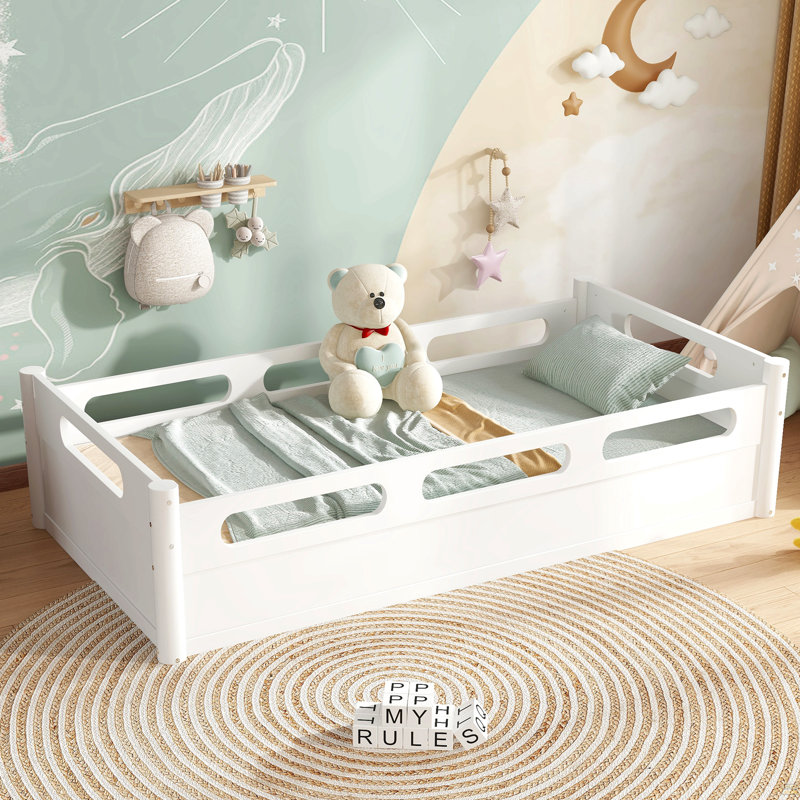 Lit plateforme simple avec garde-corps pleine longueur, base de lit simple à profil bas, aucun sommier tapissier requis, blanc