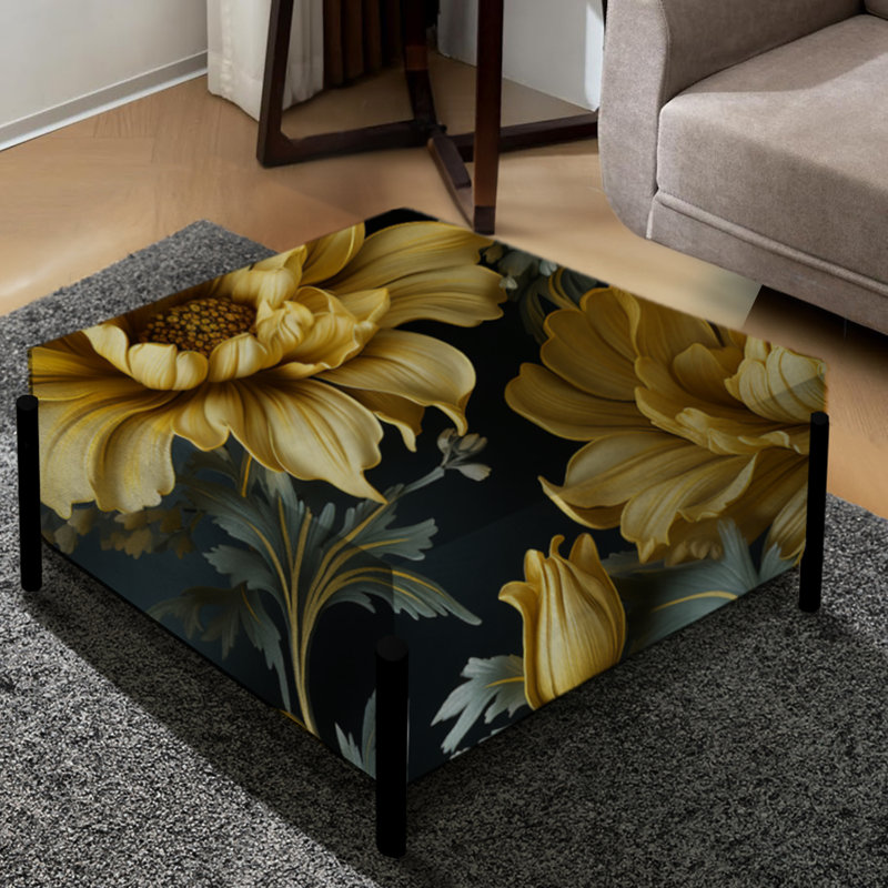 Dark Blue And Yellow Damask Realm - Damask Large Square Ottoman