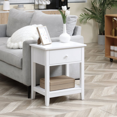 Table de bout à 2 tiroirs, table de bout moderne blanche pour chambre à coucher, hauteur 23,5 po avec tablette, hauteur 23,5 po