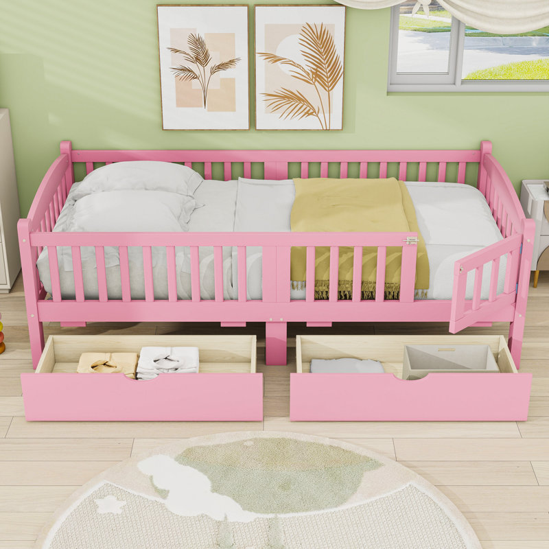 Lit plateforme en bois avec garde-corps et tiroirs de rangement, Très grand simple, Rose