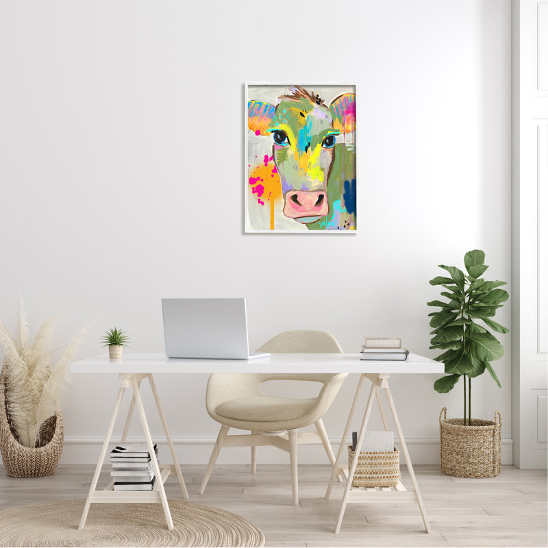 Peinture moderne éclaboussures de vache par Valerie, L 24 po x H 30 po, Giclée encadrée blanc bord de mer