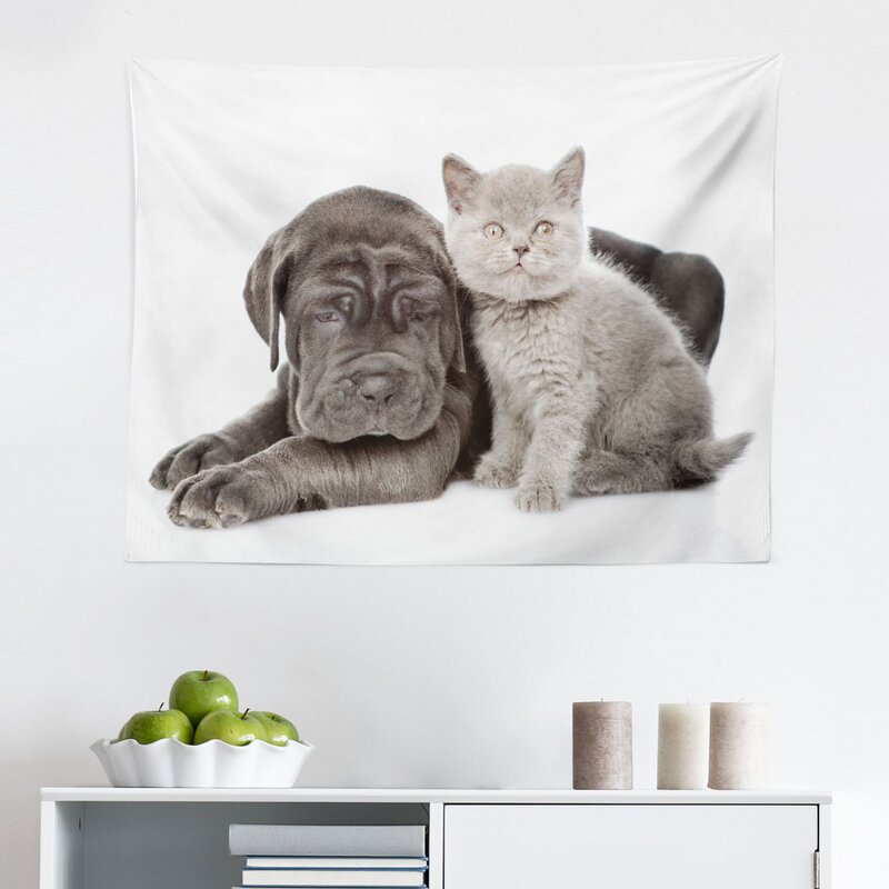 Dog And Cat Tapestry, Neapolitan Mastiff And A Grey Kitten