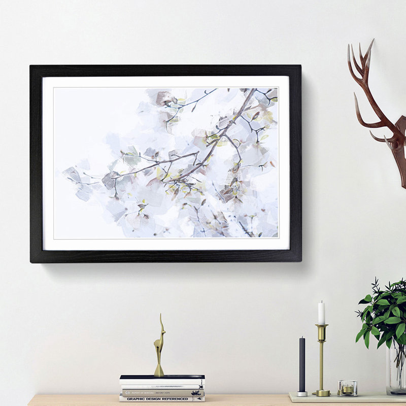 Branch of a White Magnolia Tree in Abstract - Picture Frame Painting Print, 62cm H x 87cm W x 2cm D, Black Framed