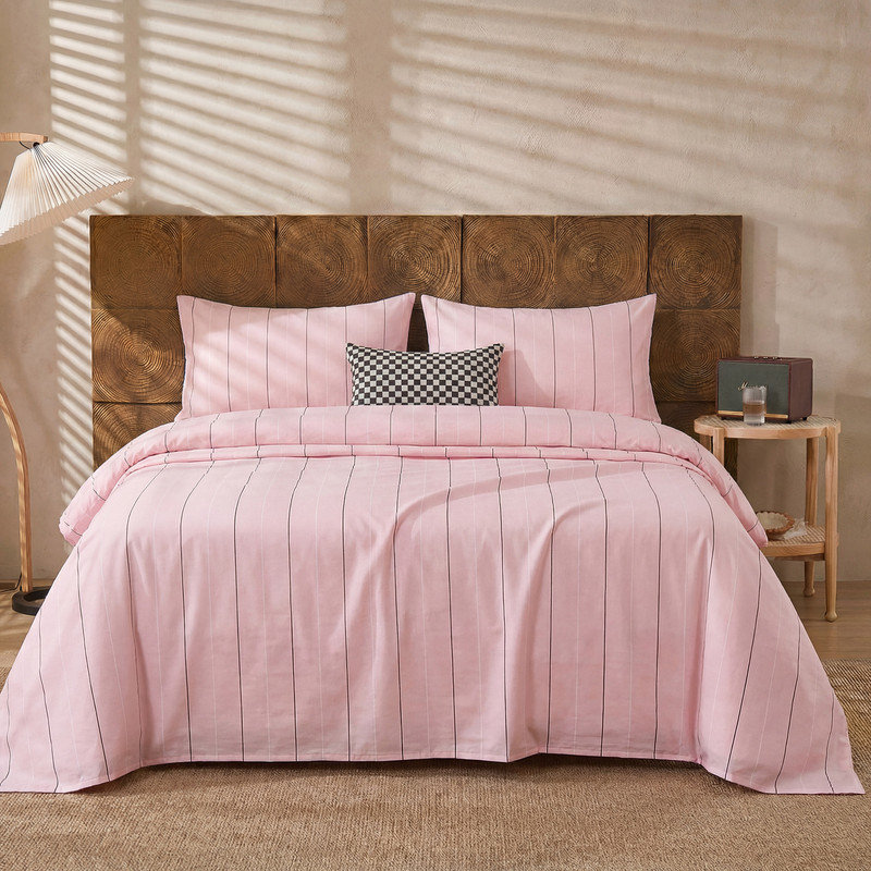 Ensemble de draps rose à rayures très grandes tailles - literie 100% coton rayé 4 pièces, tissage percale doux et respirant, poche profonde de 17,5 po, aspect lin luxueux, confort toutes saisons