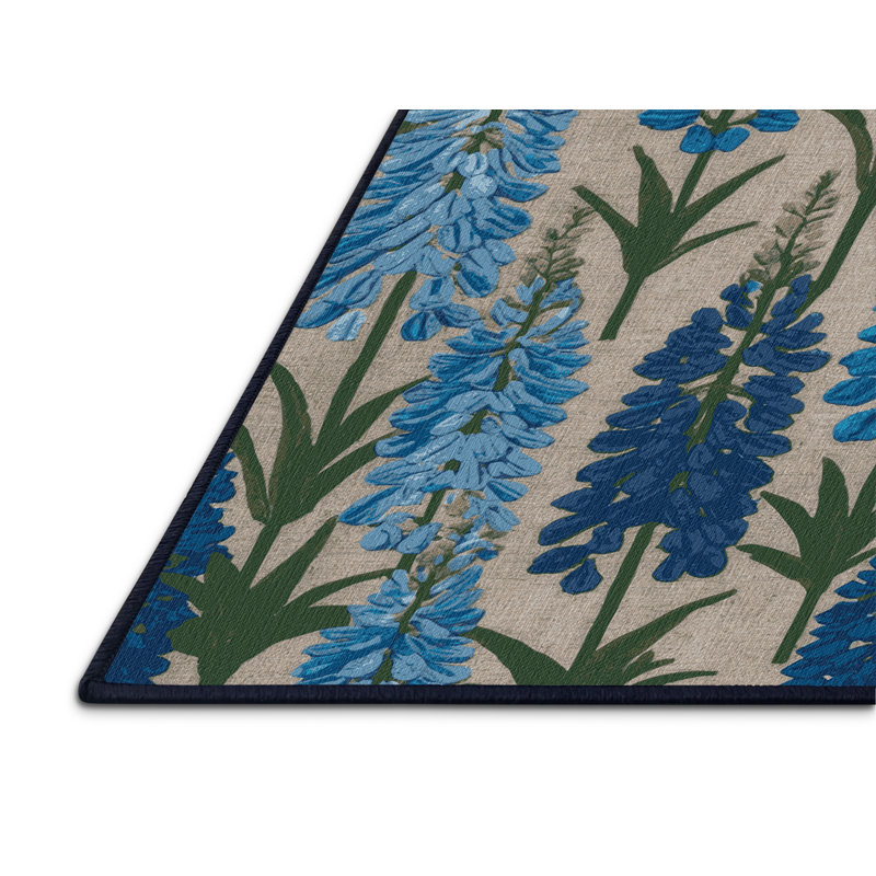 Tapis bleu botanique lavable à la machine, Carré 3 pi