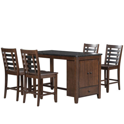 Counter Height 5-Piece Dining Table Set With Faux Marble Tabletop, Solid Wood Table Set With Storage Cabinet And Drawer, Black -  Red Barrel StudioÂ®, 97435EDDAE2541D297BD41E3A6092A5F