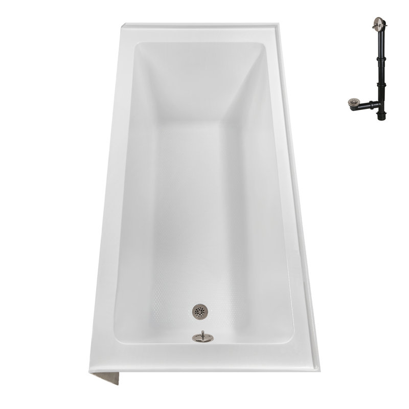 Baignoire en alcôve en acrylique blanc brillant avec drain extérieur 66 po x 32 po Streamline, Nickel brossé