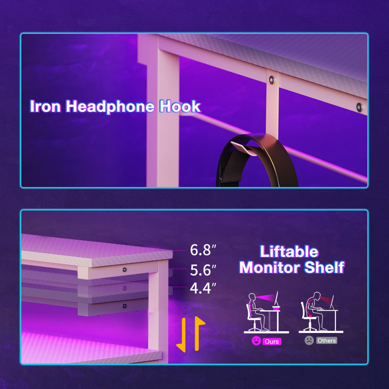 Gaming Desk With Led Lights, Home Office Desk With Recessed Power Outlet, Computer Desk With Spacious Shelves, Reversible Gamer Desk Table With Adjustable Monitor Stand & Headphone Hook