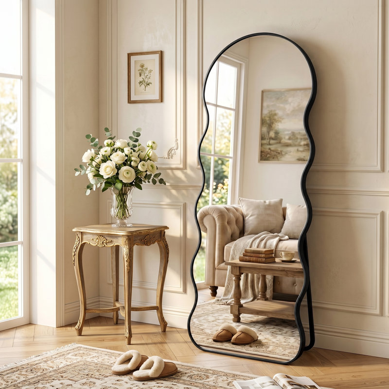 Modern Irregular Full-length Mirror With Aluminum Frame, Wall-mounted Or Free-standing Design, Black, 63" x 23.6"