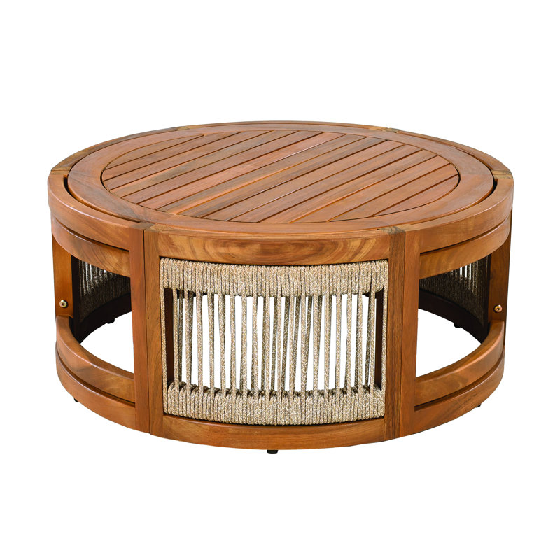 Table basse d'extérieur en bois d'acacia Boho - Table d'appoint ronde en corde tissée à la main avec finition résistante aux intempéries