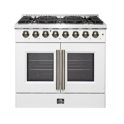 Cuisinière à carburant double avec porte française de 36 po Galiano, noir ou blanc et laiton antique, four à convection véritable de 5,36 pieds cubes