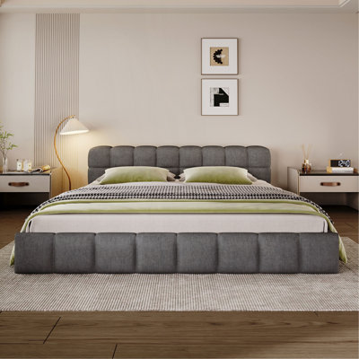 Lit tapissier élégant en chenille beige avec motif damier