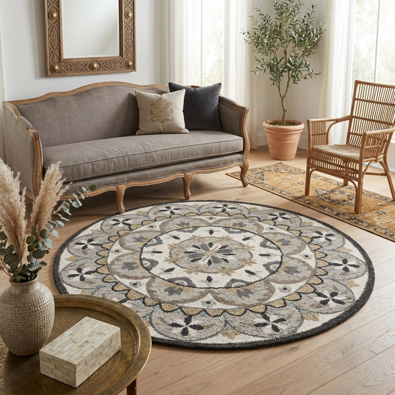 Tapis d'intérieur transitionnel en laine naturelle touffeté à la main, Rond 6 pi