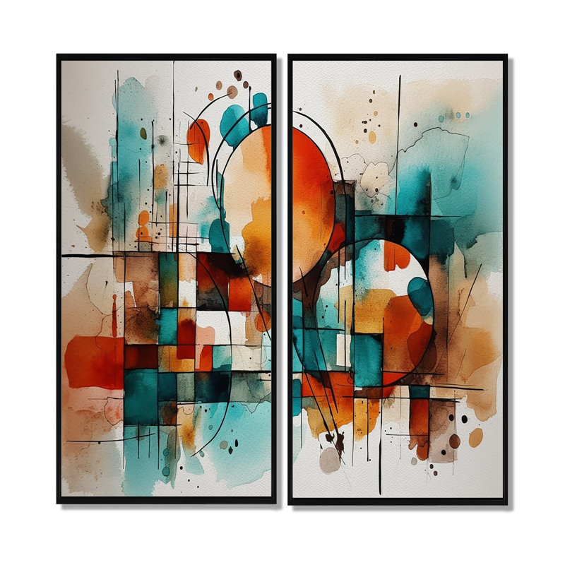Orange énergie géométrique - 2 reproductions d'art moderne sur toile, H 20 po x l 24 po, Impression encadrée flottante, Noir