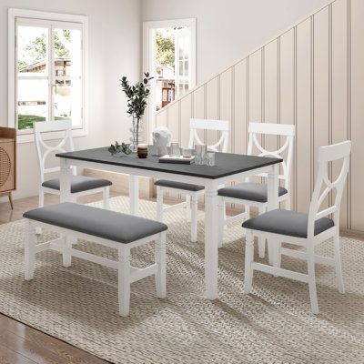 6-Person Dining Table Set, 6-Piece Set, Solid Wood, White, Farmhouse Style