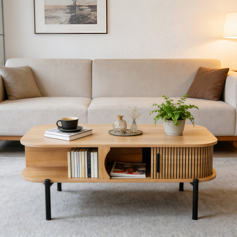 39.3" Mid Century Modern Coffee Tables For Living Room, Coffee Table With Storage Open Shelf, Fluted Table With Sliding Cabinet Door, 2-tier Rustic Wood Desktop, Brown