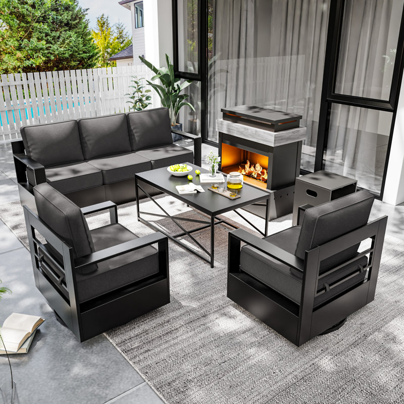 5-Piece Modern Aluminum Outdoor Patio Furniture Set Swivel Chairs with 50000-BTU Outdoor Propane Fireplace,Grey Cushions and Coffee Table