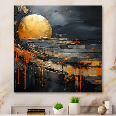 Black And Orange Marble Moon II - Abstract Metal Wall Art Decor