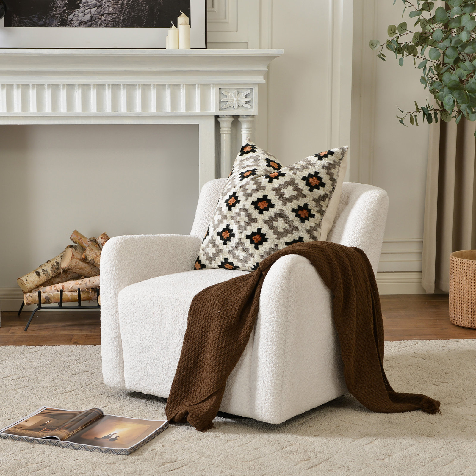 Fae Pine Swivel Armchair, Snow Textured Chenille
