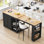 Îlot de cuisine 81,5 po avec table de salle à manger extensible pour 4 à 6 personnes, îlot de cuisine avec rangement 2 tiroirs, 2 tablettes latérales ouvertes, table bicolore avec rangement double