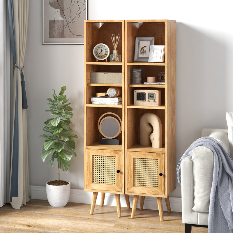 Slim Tall Rattan Storage Cabinet Boho Accent Bookshelf w/ Rattan Door 12-Position Adjustable Shelf, Natural