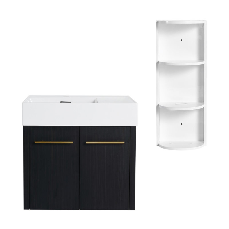 Meuble-lavabo mural avec lavabo et support de rangement, bassin gauche en résine à bords épais, ensemble KD, 24"