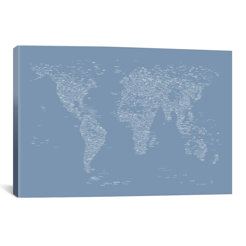 «Font World Map» par Michael Tompsett, impression sur toile tendue en bleu clair, H 8 po x l 12 po x P 0,75 po, Toile tendue