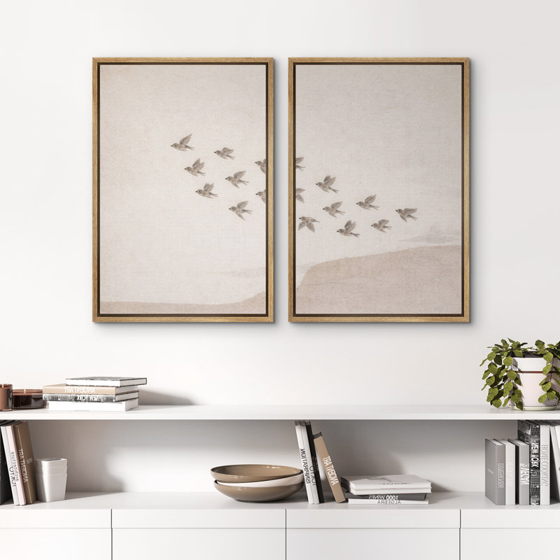 «Minimal Flying Birds over Calm Landscape», reproduction d'art sur toile encadrée, 2 pièces, Naturel