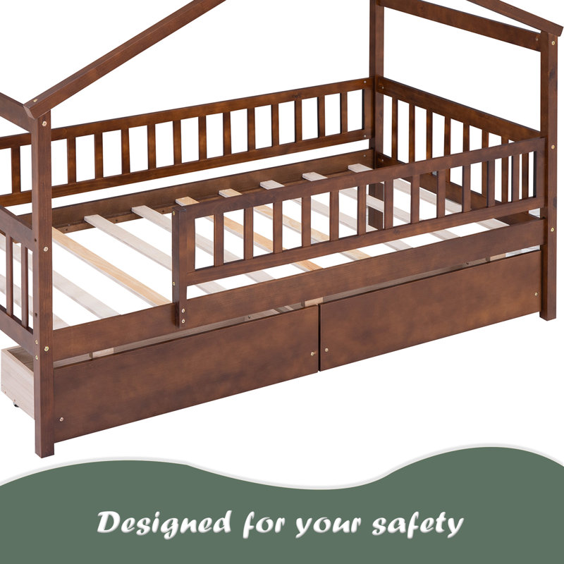 Lit simple en bois avec deux tiroirs, Noyer