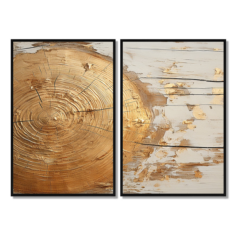 «Abstract Gold Graceful Woodland», art mural abstrait, 36" H x 48" W, Impression encadrée flottante, Black