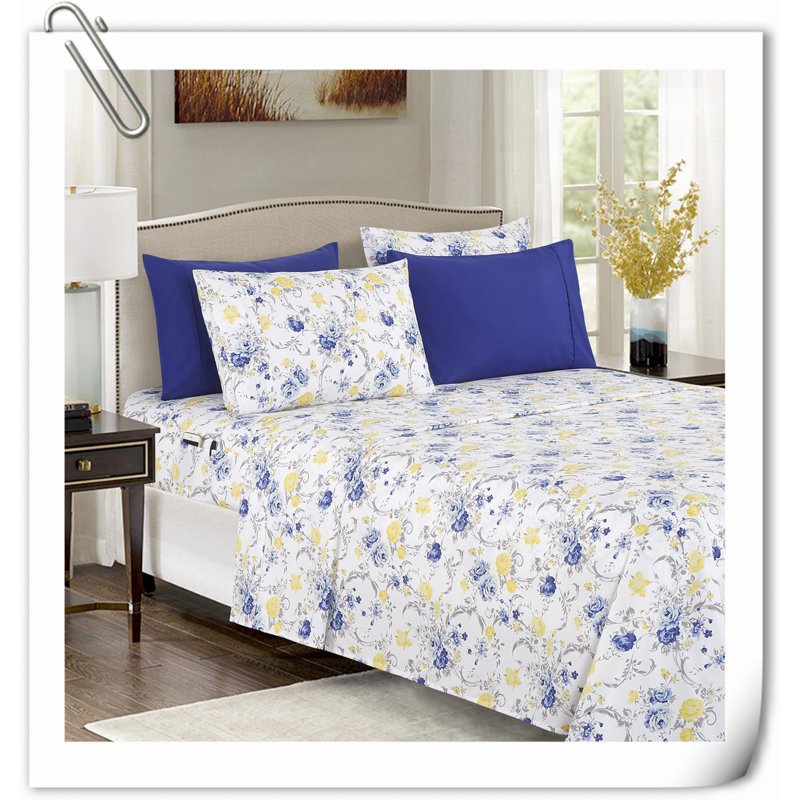 Ensemble de courtepointe en microfibre / polyester Quilts, Crème / floral bleu marine