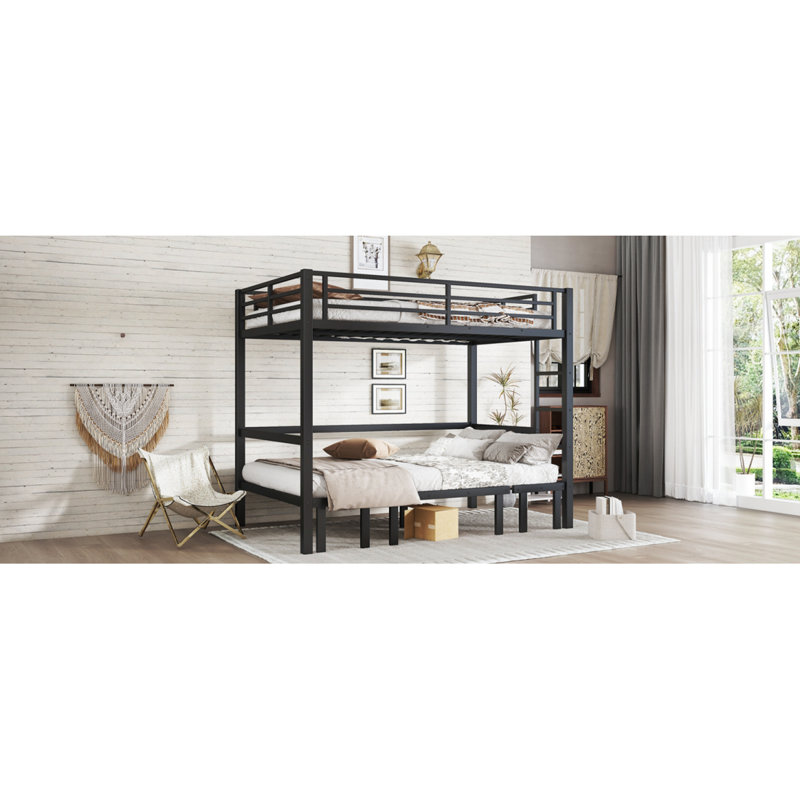 Lit superposé double au-dessus de la taille double, le lit inférieur peut être retiré en trois sections, le lit supérieur est équipé de rails de sécurité, noir.