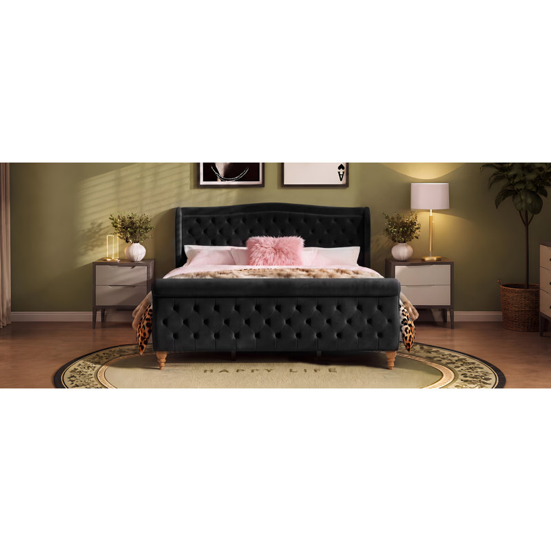 Lit plateforme Verona King en velours avec tête de lit capitonnée à oreilles, Très grand lit, Noir