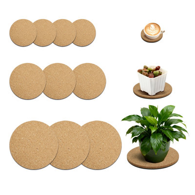 Natural Cork Plant Saucers 10-Pack, 4/6/8 Inch Absorbent Coasters for Indoor Planter Protection