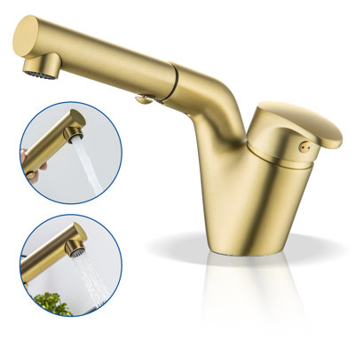 Ialtruistic Pull-down Single Hole Bathroom Sink Faucet,Brushed Gold Single Handle Brass Bathroom Faucet with Supply Hoses, Brushed Gold, IAJK430